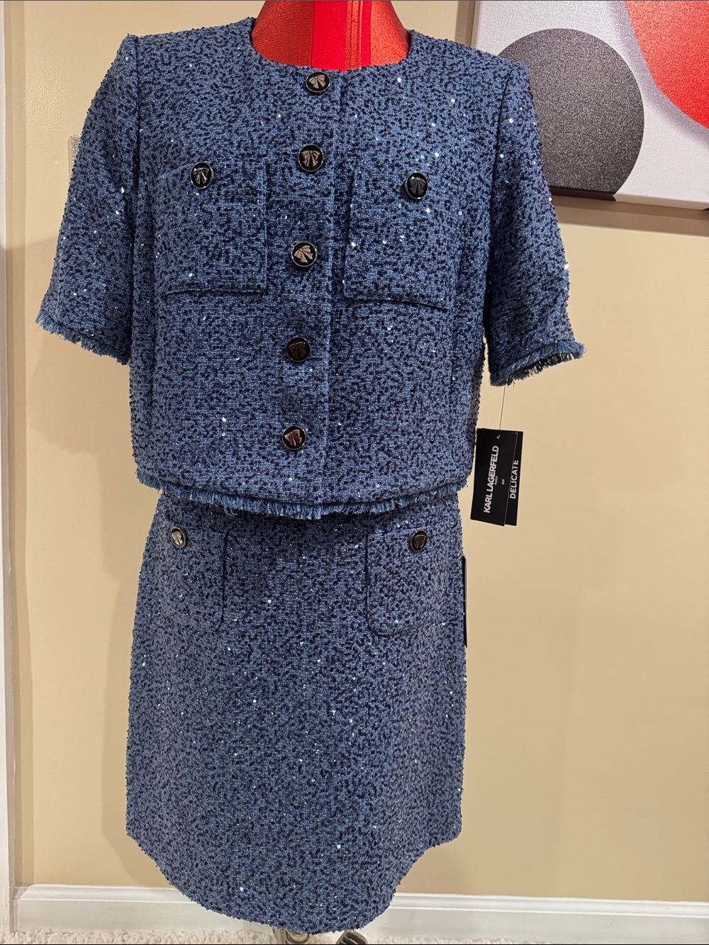 Two-Piece Navy Bouclé Skirt Set with Buttons